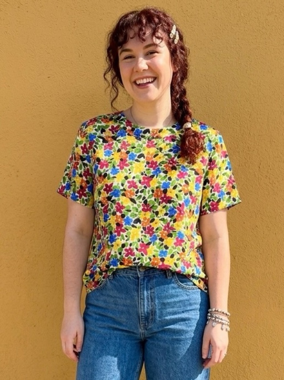 Vintage 80s Counterparts Floral Short Sleeve Blouse Bold Bright Button Back 16 - Picture 2 of 12